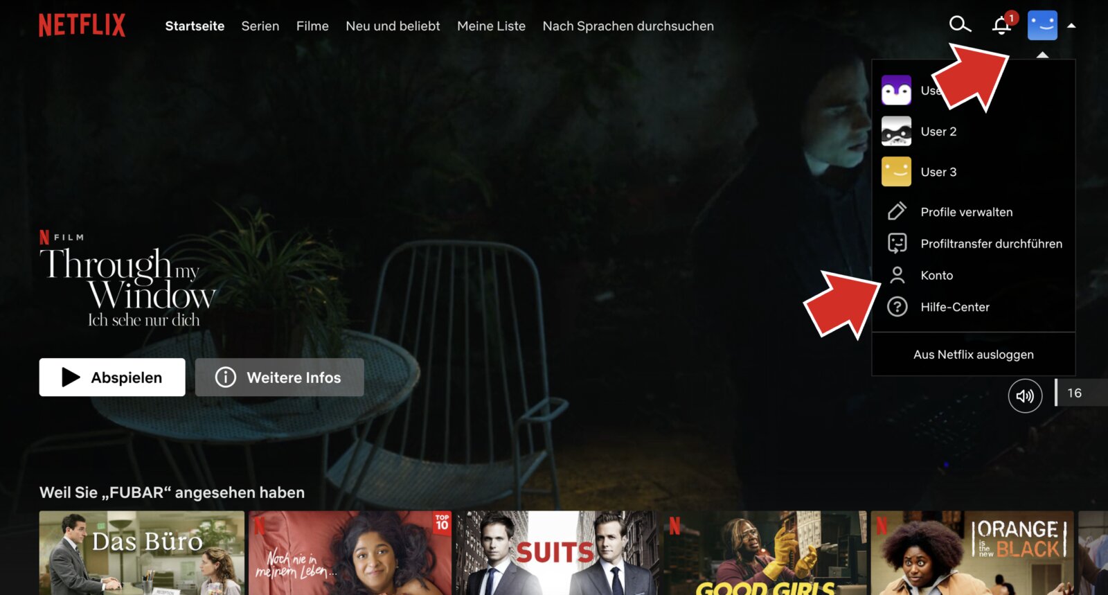 Ein Screenshot der Netflix-Mediathek mit einem roten Pfeil auf das Profil-Icon und einen auf das Wort "Konto", als Teil einer Anleitung, weil man seine Kontoeinstellungen auf Netflix anpassen kann.