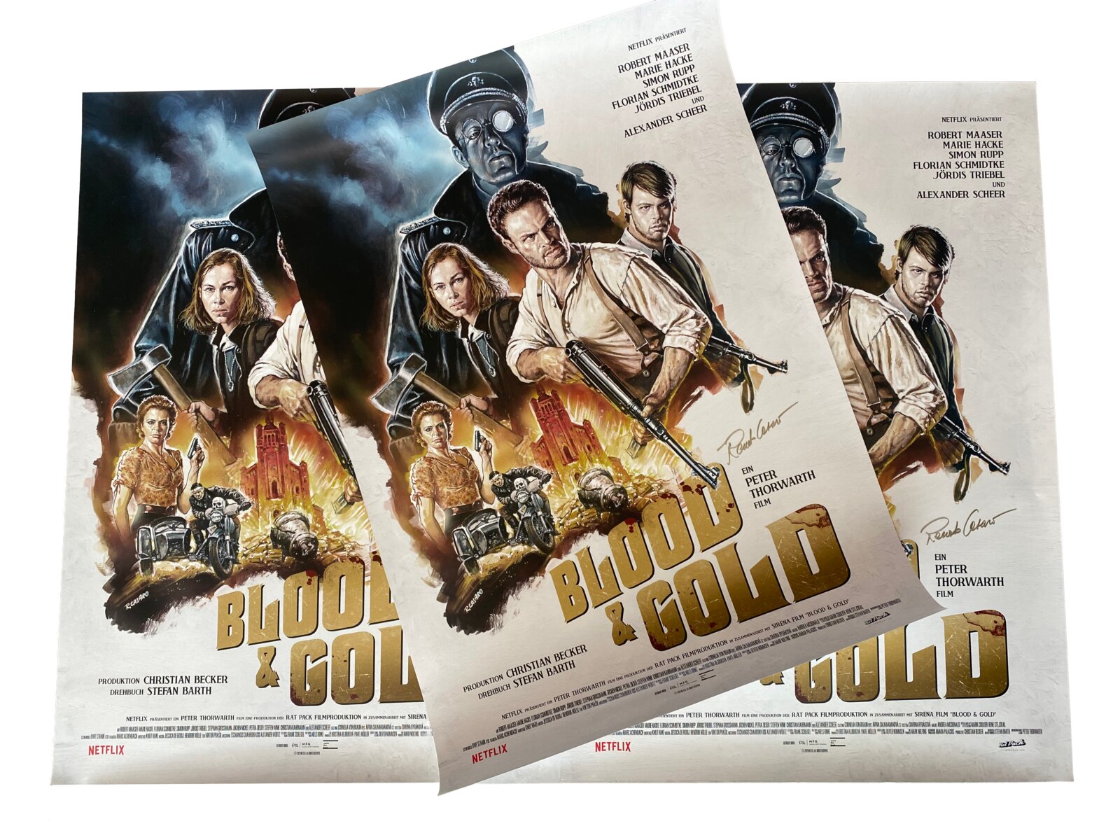 Drei Poster für Blood & Gold, gestaltet von Renato Casaro, dem „Michelangelo der Filmposter“ (The Guardian).