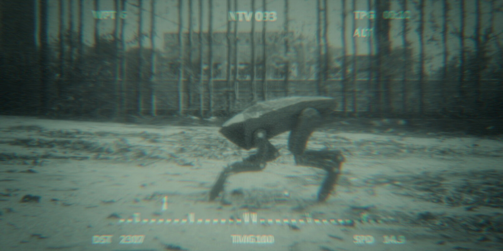 Ein Screenshot aus Black Mirror, Staffel 6: In einer VIsion sieht Nida die Robo-Killer-Hunde aus Metallkopf.