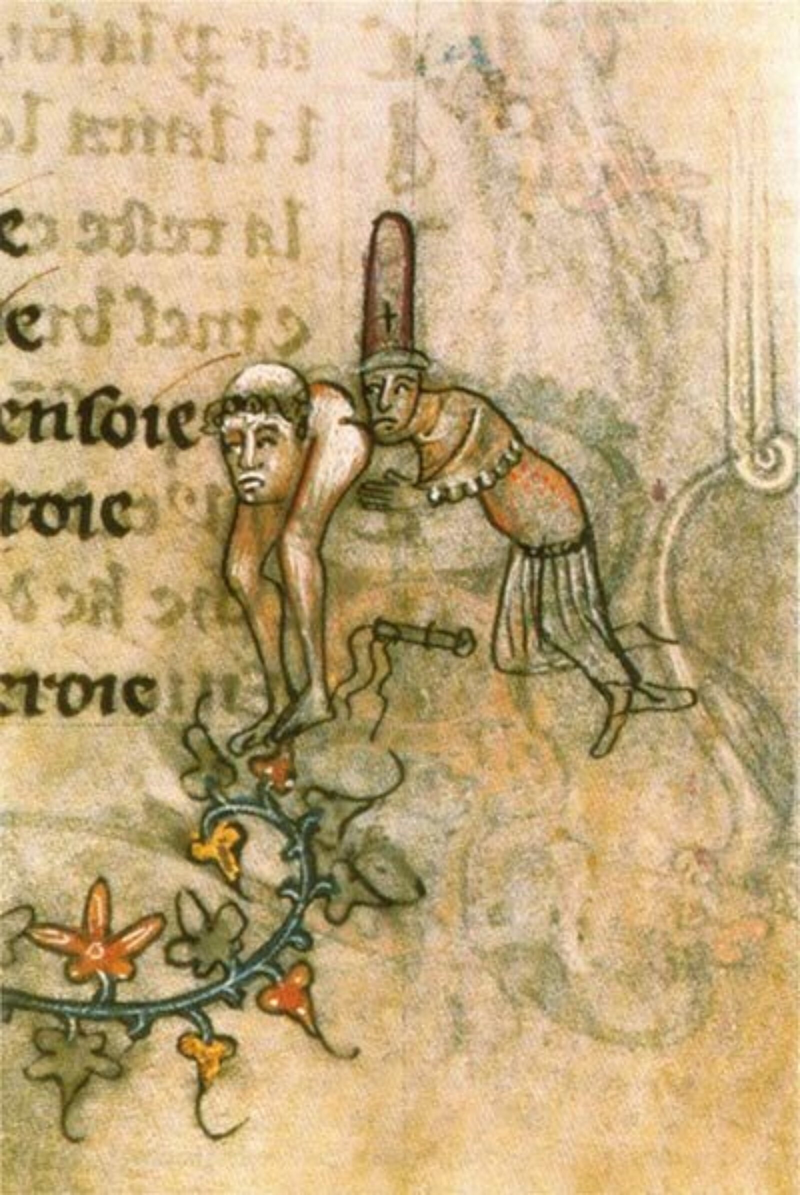Ein Templer küsst einen Kleriker von hinten. Eine Manuskriptillustration von 1350.